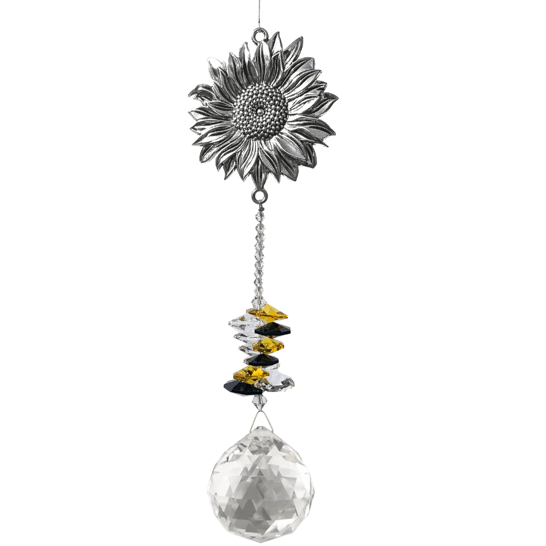 Metal sunflower suncatcher with hanging crystal beads and faceted crystal ball
