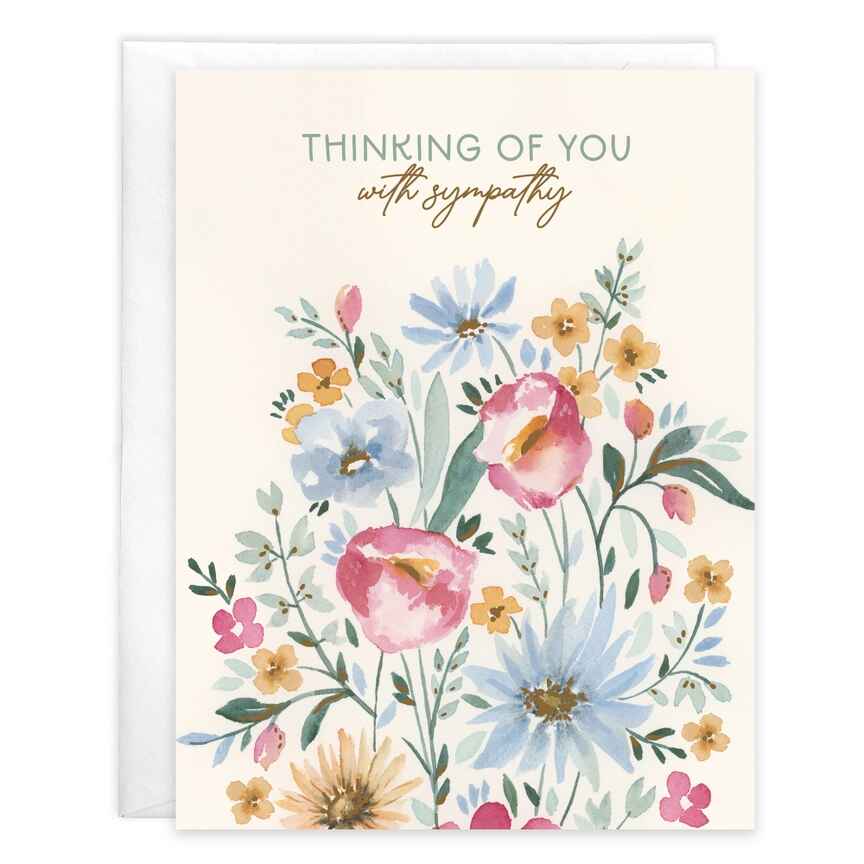 With Scripture Sympathy Greeting Card - Pray Flowers - Greeting card with envelope reads:  Front: "Thinking of you with sympathy" Inside: "Holding you close in thoughts &amp; prayers (John 14:27 NIV)"  Gina B Designs is a woman-owned company creating beautiful greeting cards, stationery, and gifts since 1984. Featuring original art, foil, and glitter embellishments. Proudly made in the USA