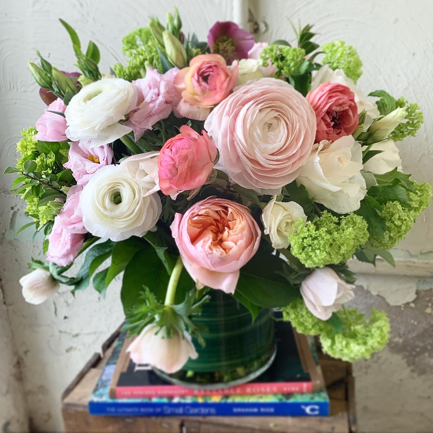 Pink and white mixed bouquet in a glass vase