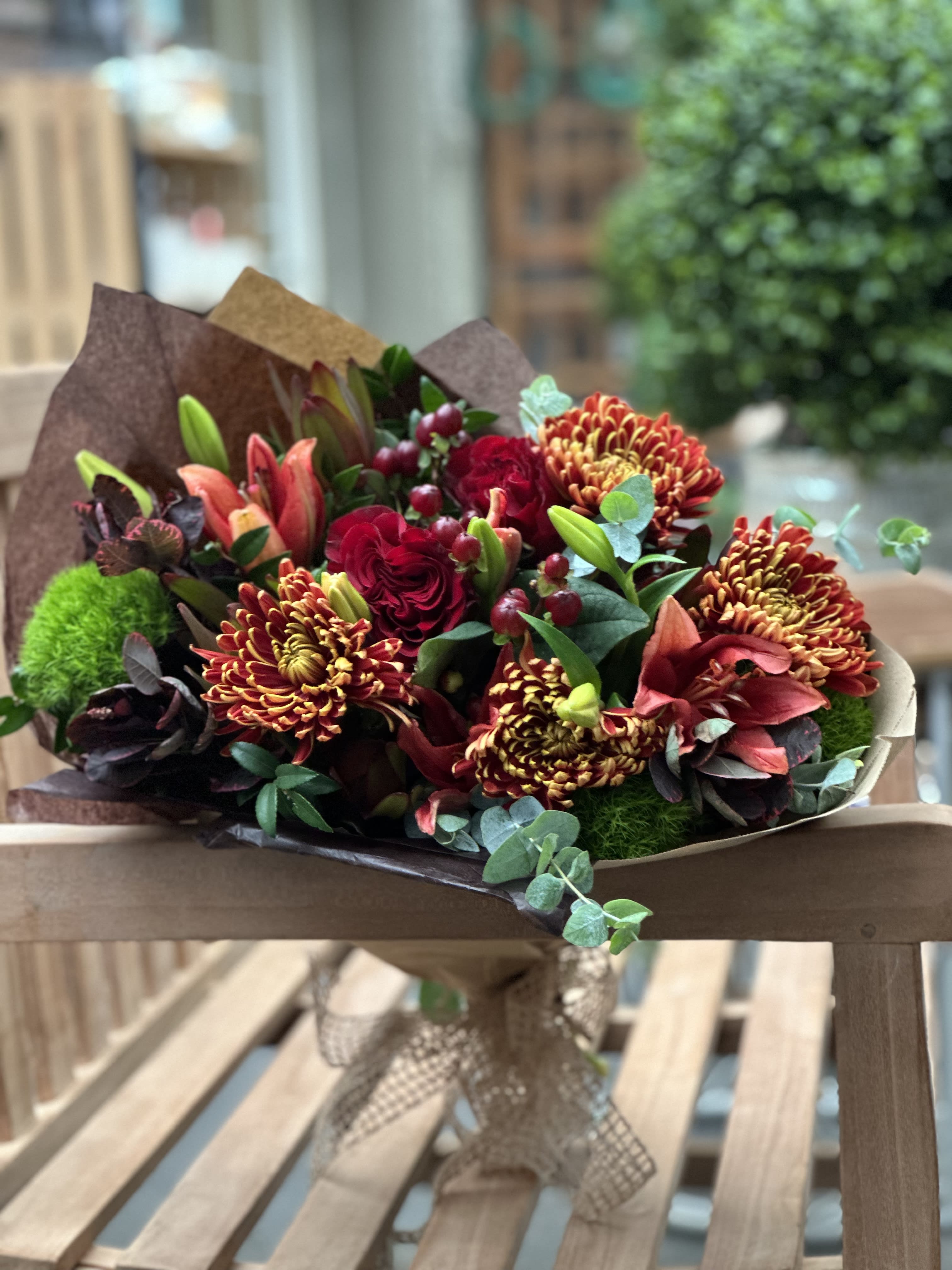 Cinnamon Dolce Signature Wrapped Bouquet - Fall seasonal color scheme mixed flower wrapped bouquet (flowers may vary depending on availability but over all color scheme will remain).
