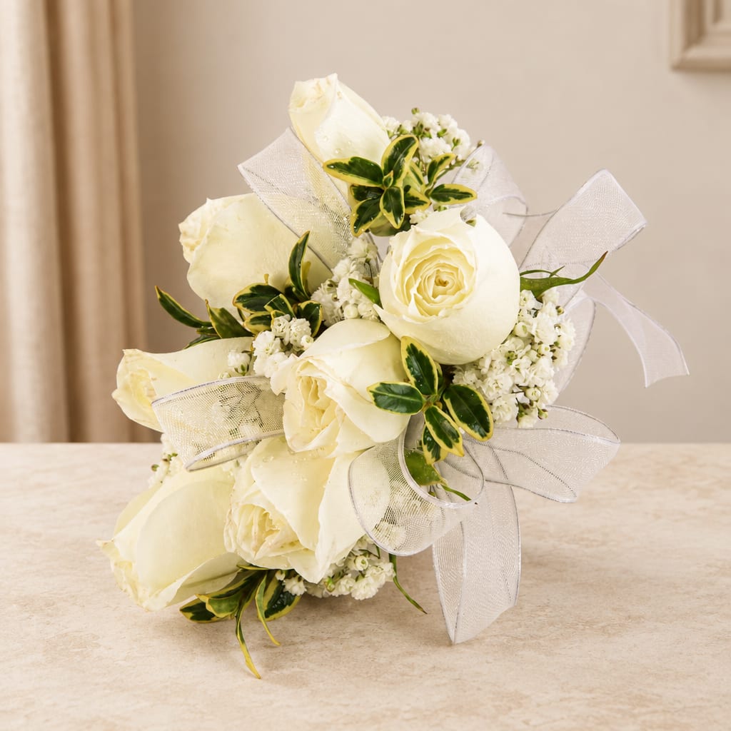 Cream rose bouquet with white ribbon and small white filler flowers