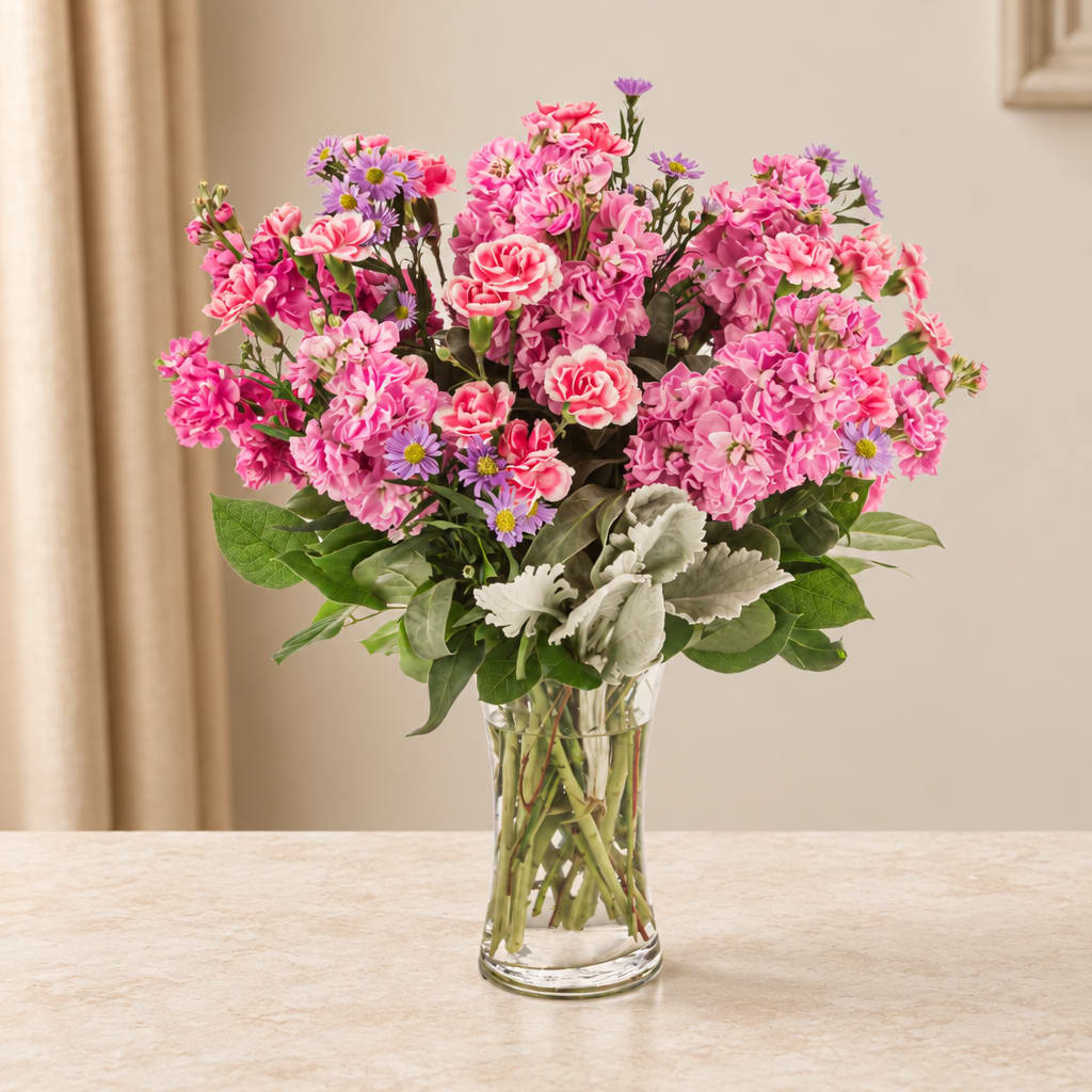 Pink mixed bouquet in a clear glass vase with purple accent flowers