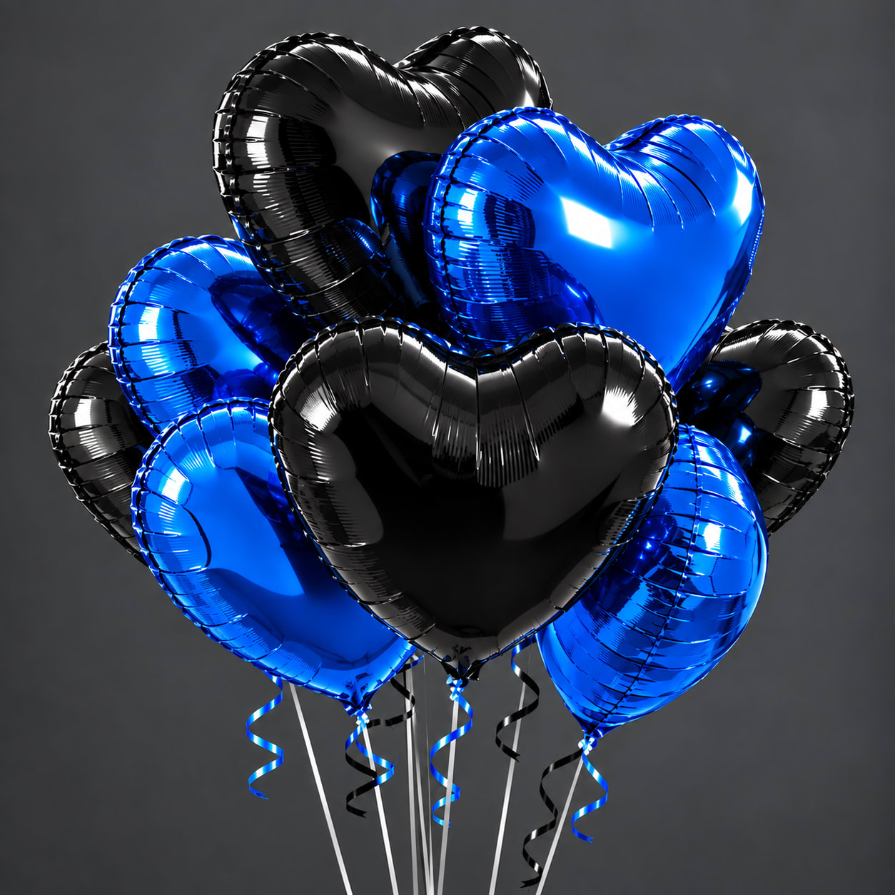 Cluster of blue and black heart-shaped balloons with curling ribbons