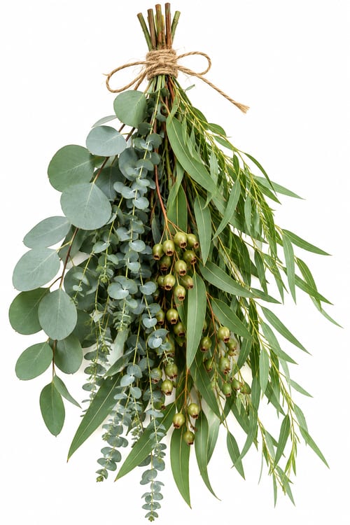 Bundle of eucalyptus and long green foliage tied with twine