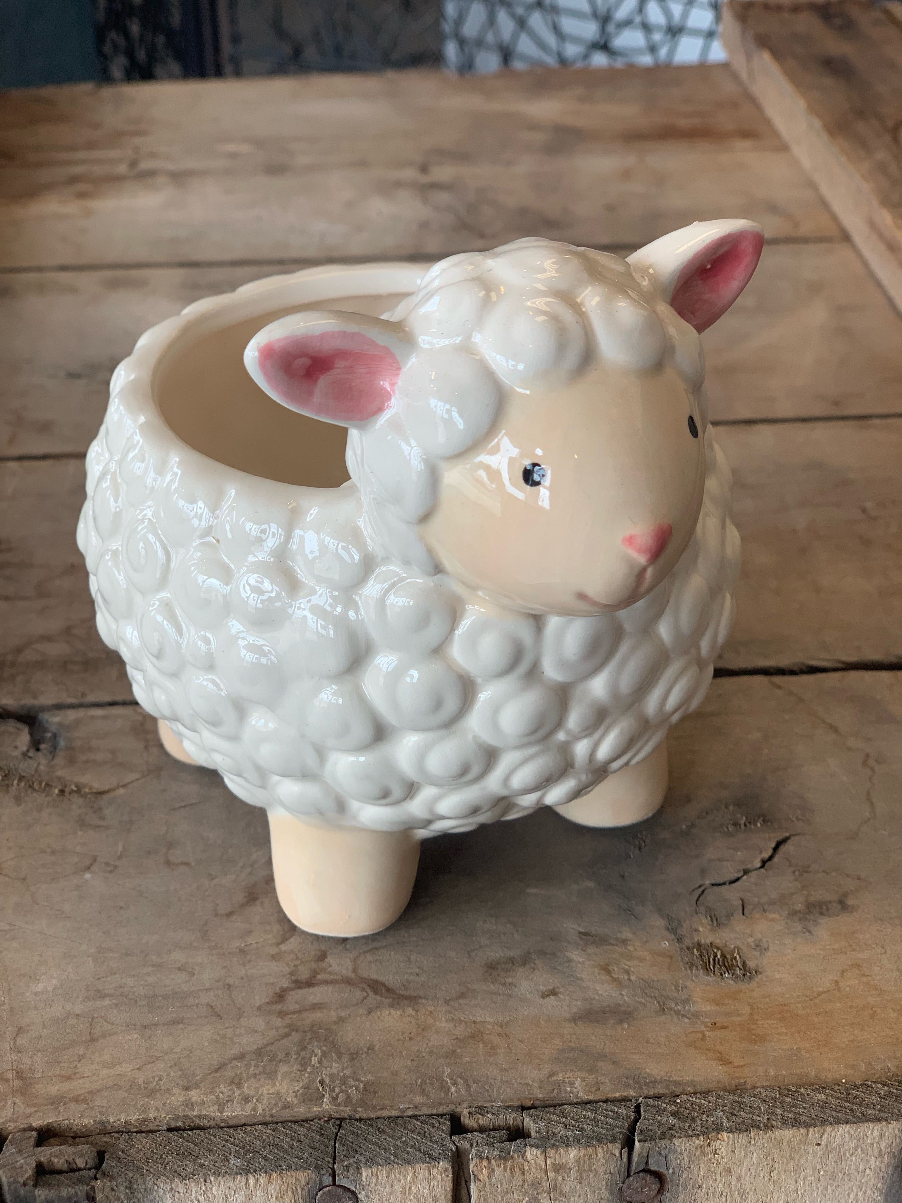 Ceramic sheep-shaped planter with pink ears and face