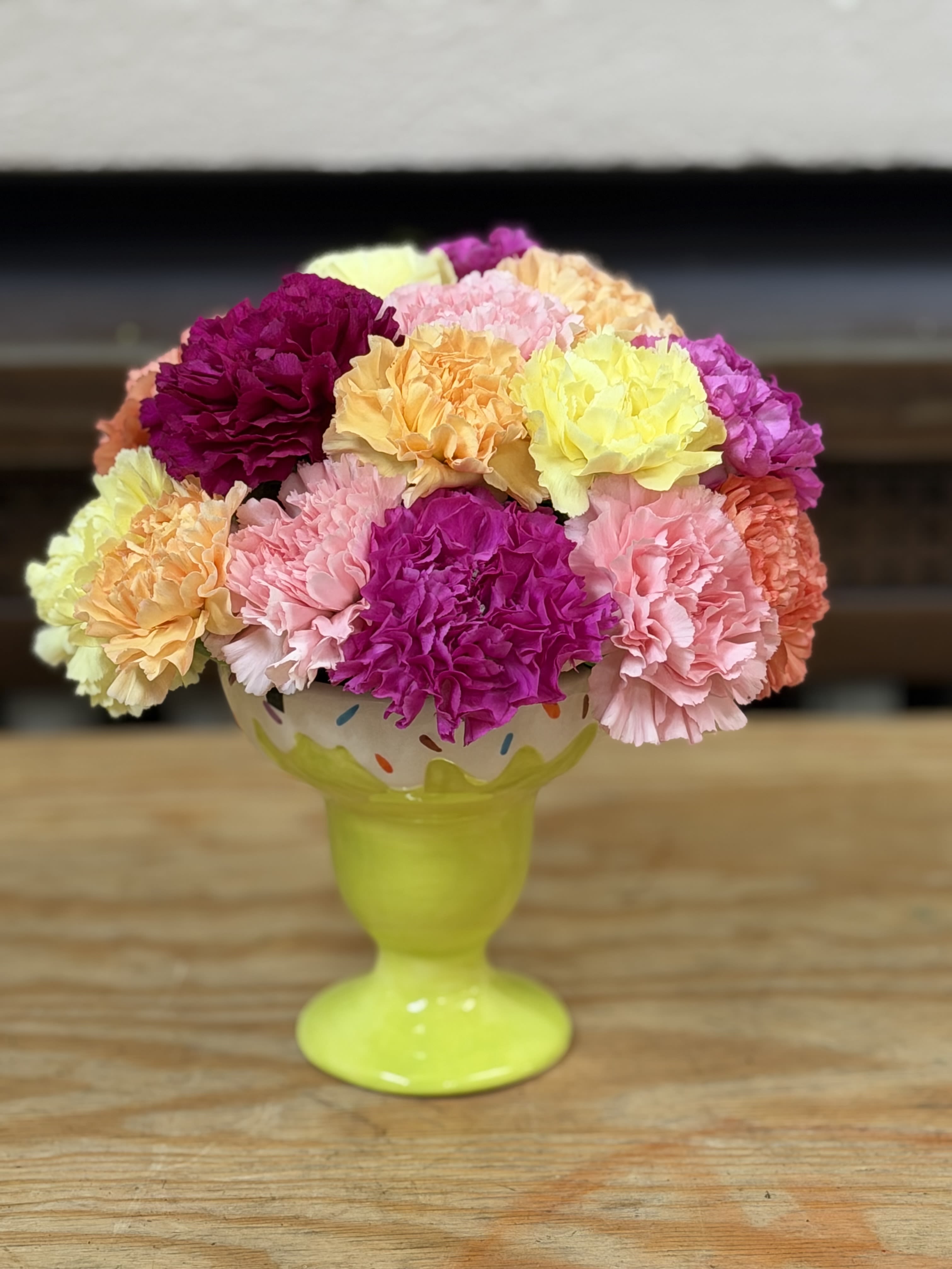 Birthday Ice Cream Sundae  - A sundae container filled with carnations to look like a scoop of ice cream. 