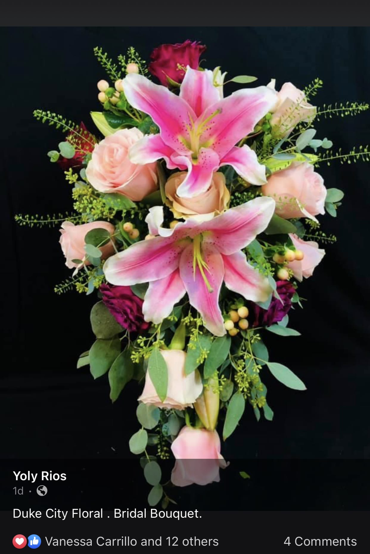Bridal bouquet with pink lilies and pale roses