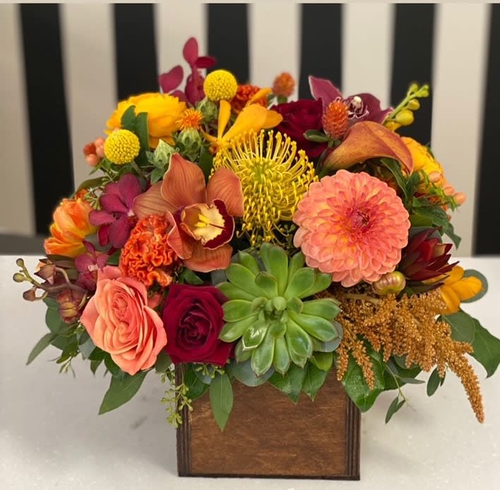 Fall Box Arrangement - Fall leaves, roses, and orchids