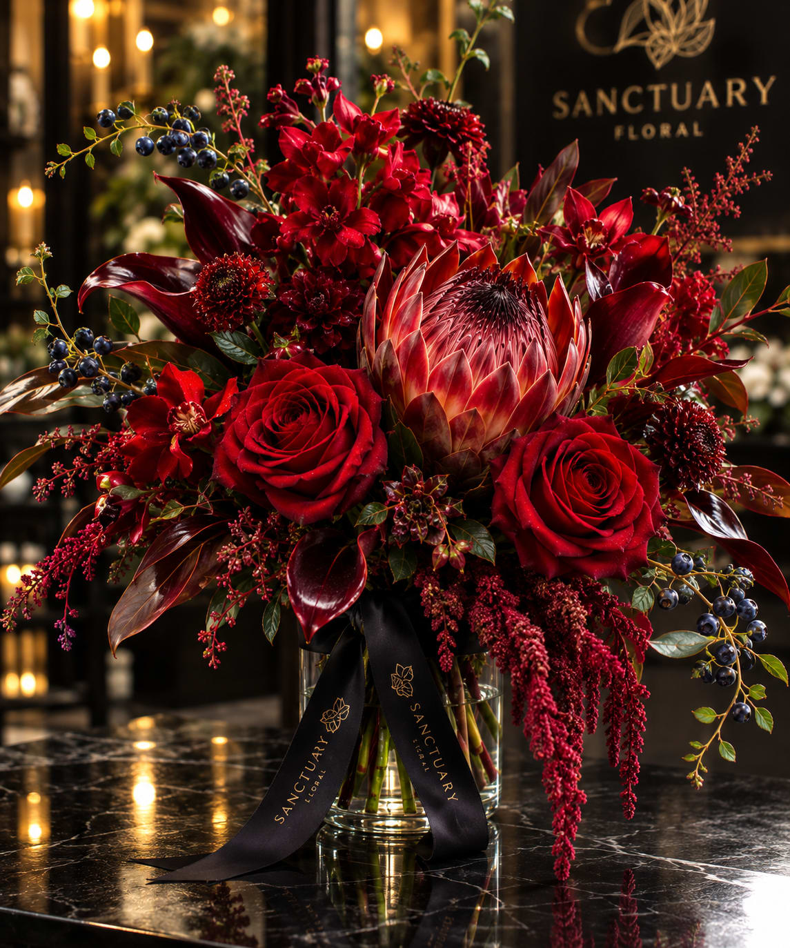 Red floral arrangement in a glass vase with a black ribbon