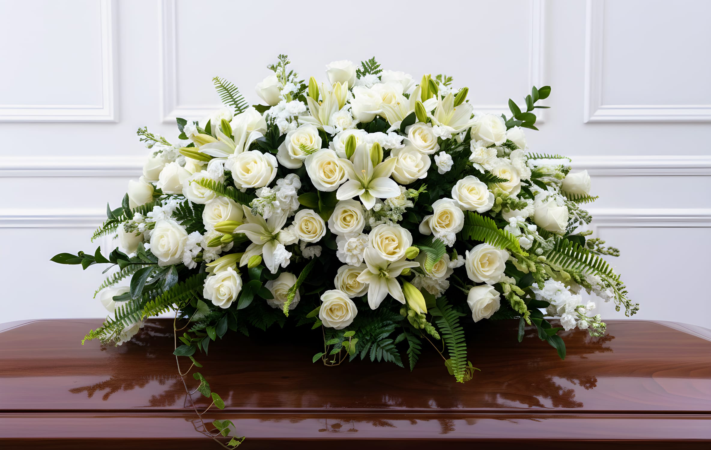 White floral casket spray with roses and lilies