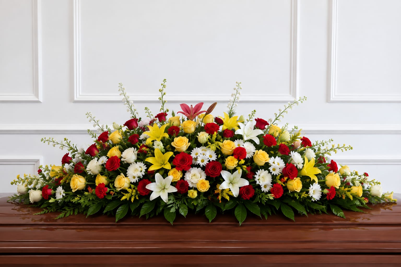 Large casket spray with red, yellow, and white flowers