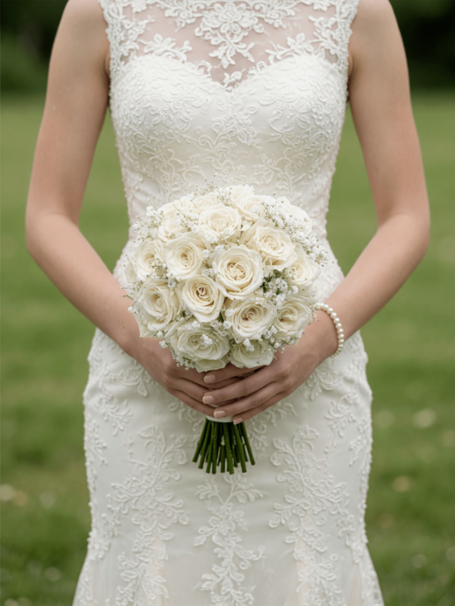 Bride holding a white rose bouquet in front of a lace wedding dress