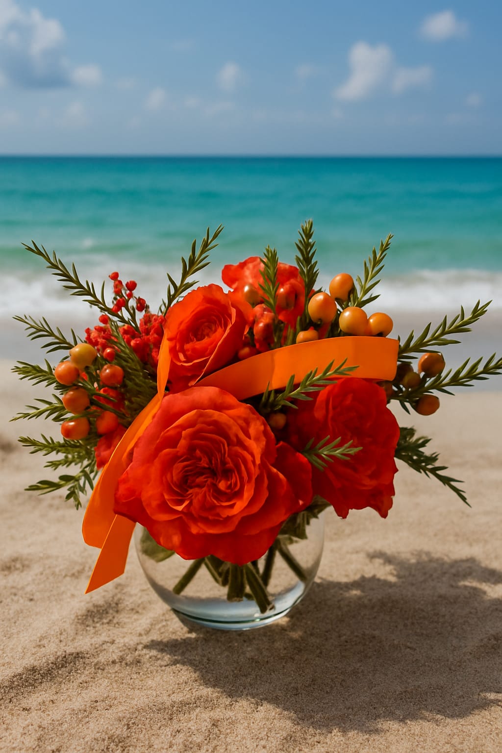 Orange rose bouquet in a clear glass vase with ribbon and berries