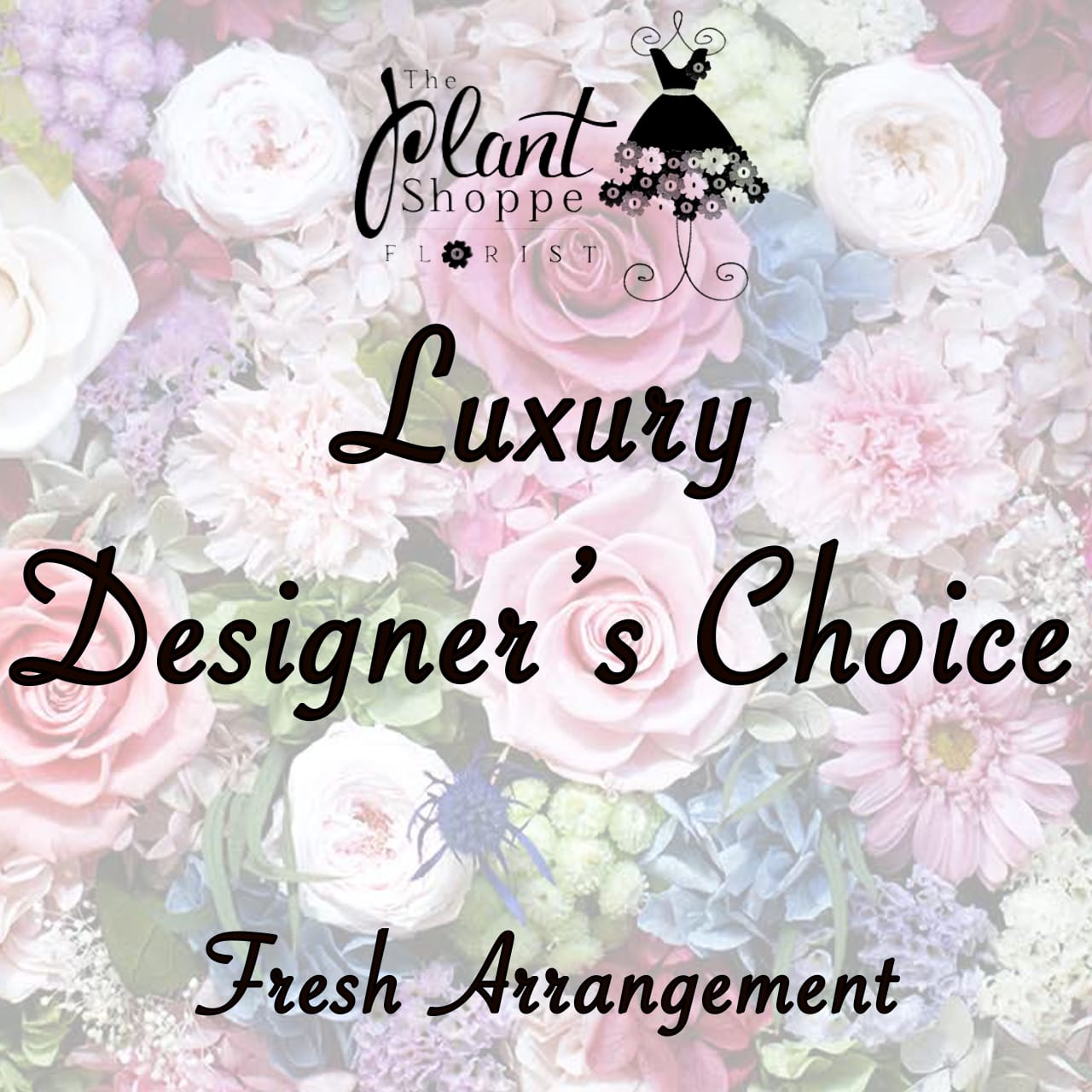 Floral shop logo over a collage of pastel roses and mixed flowers