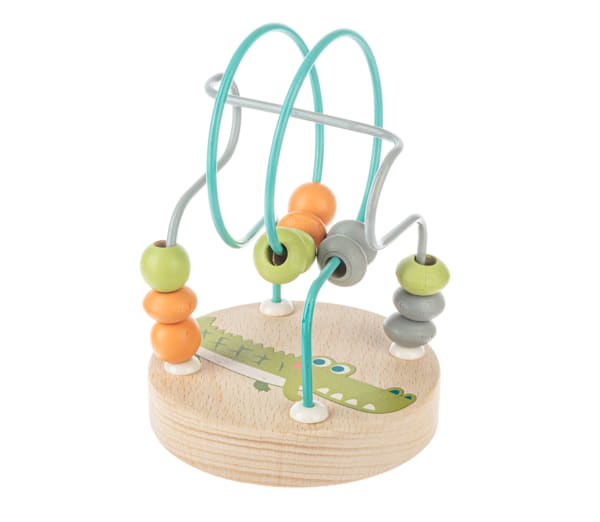 Wooden bead maze toy with a crocodile graphic