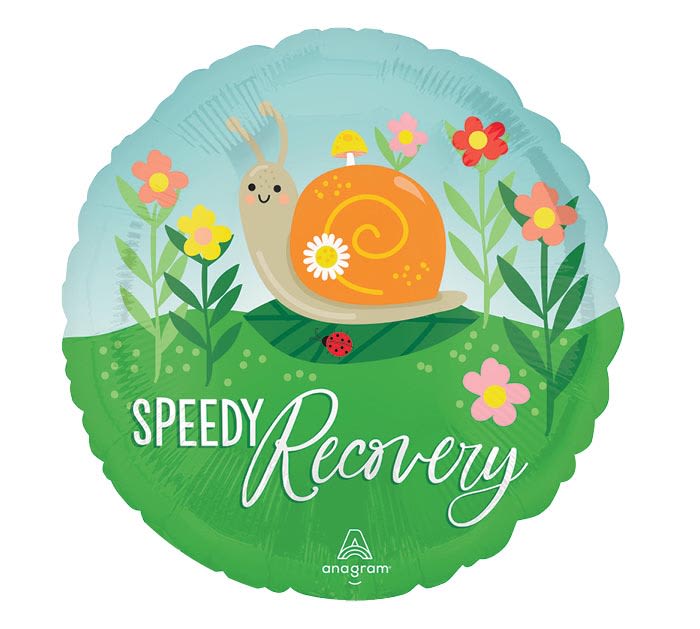 Round balloon with a cartoon snail and flowers, reading "Speedy Recovery"