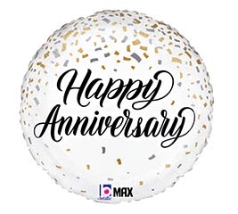 White confetti balloon with "Happy Anniversary" text