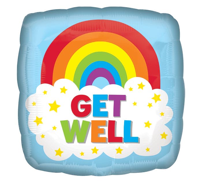 "Get Well" Rainbow Balloon - A cheerful square foil balloon featuring a bright rainbow and bold "GET WELL" lettering is an uplifting pick for a recovery gift or encouragement delivery. As a get well arrangement accent, this 17" balloon brings playful, optimistic energy-perfect for someone recovering from illness, surgery, or just needing a pick-me-up-and reads as a standalone, joyful message that will make the person you're thinking of smile.  The balloon has a light blue background, a white cloud shape with large multicolored letters, and scattered yellow stars for added sparkle; colors include blue, white, red and other mixed hues that catch the eye. Lightweight and easy to add to a bedside bouquet or send on its own, the foil construction holds helium longer than latex and is delivered ready to display. Choose this cheerful accent to send warming encouragement and brighten a recovery room.