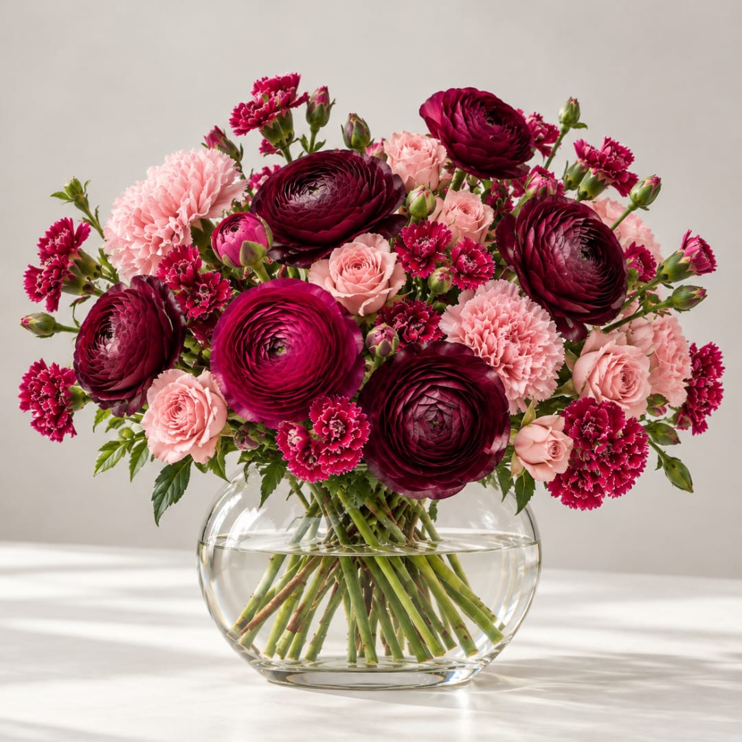 Bouquet of burgundy and pink flowers in a clear glass vase