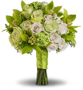 Luscious Love Bouquet - As delightful as a crisp green apple, this beautiful bouquet of green cymbidium orchids, viburnum and roses is one to remember.  Green cymbidium orchids and viburnum with white and green roses, accented with lycopodium.  Approximately 12" W x 13 3/4" H  Orientation: N/A