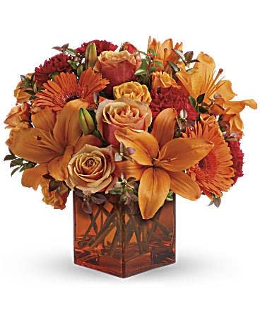 Teleflora's Sunrise Sunset - Celebrate the wonder of a new day with warm, golden flowers. A modern orange glass vase is the foundation of this stunning, sun-bright bouquet that energizes any occasion. Orange gerbera daisies, orange roses and red mini carnations are accented with a spray of red huckleberry in an orange cube vase. Orientation: All-Around