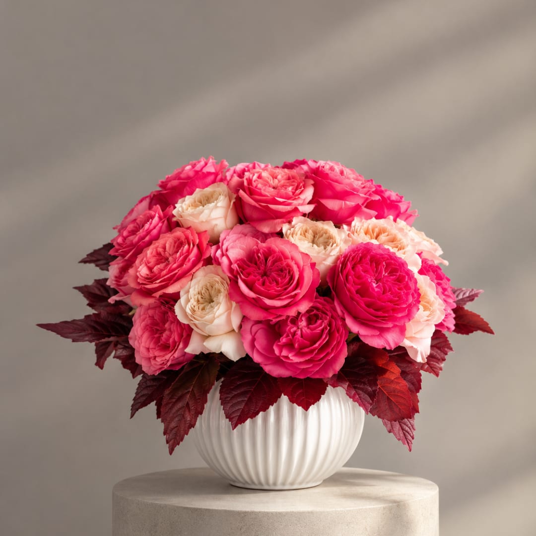 Pink and cream roses arranged in a white ribbed vase