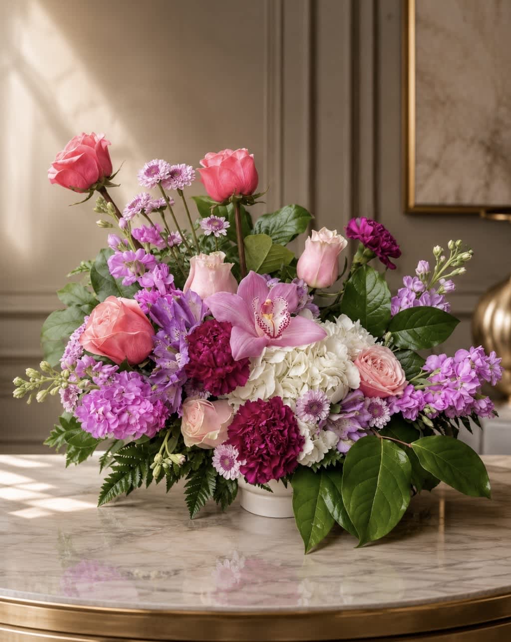 Pink and purple mixed flower arrangement in a white vase