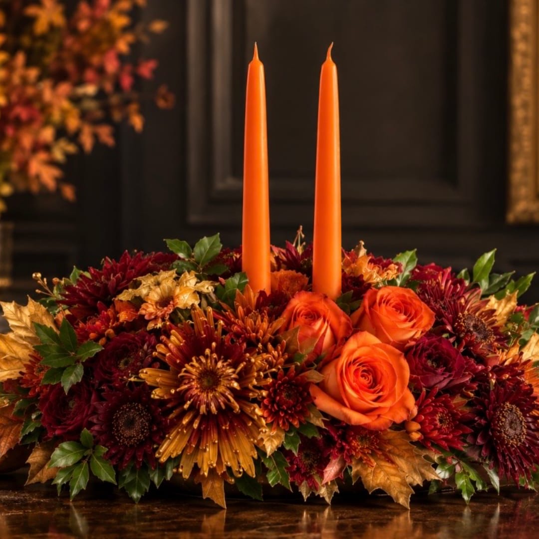 Autumn floral centerpiece with orange candles and orange roses