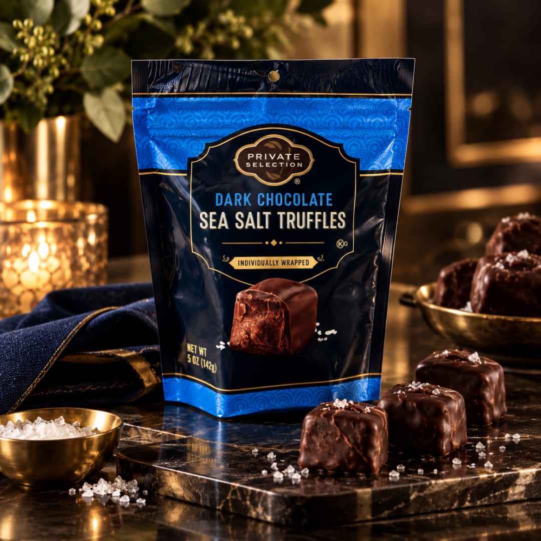 Bag of dark chocolate sea salt truffles with several chocolates on a tray