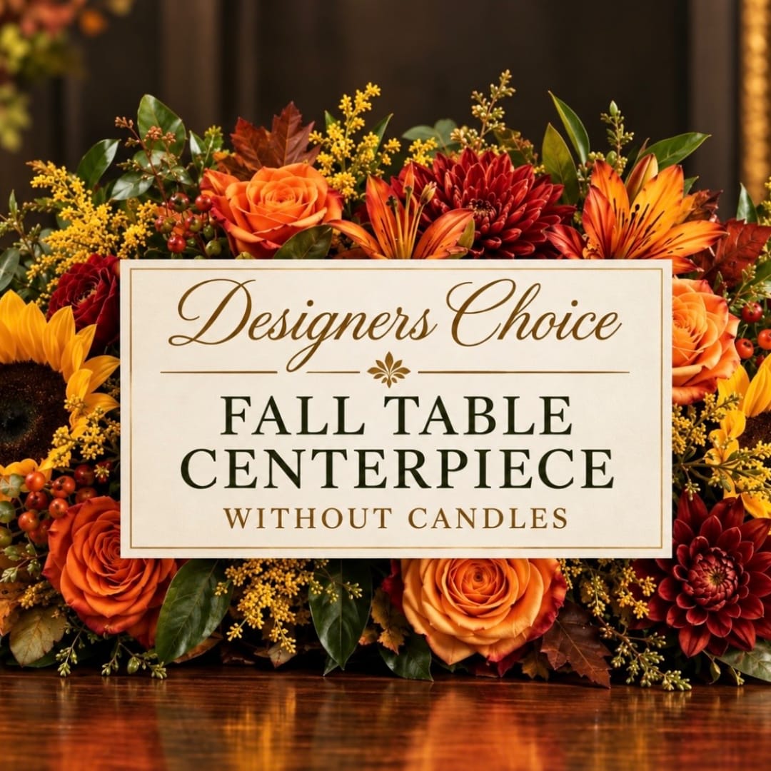 Fall table centerpiece with orange and red flowers and a sign