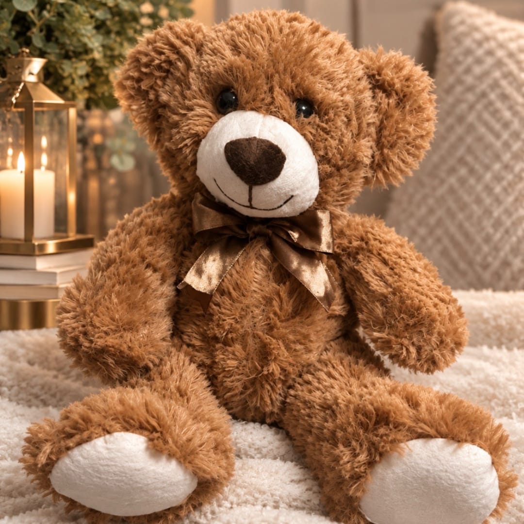 Brown teddy bear with a satin bow sitting on a blanket beside a lantern candle