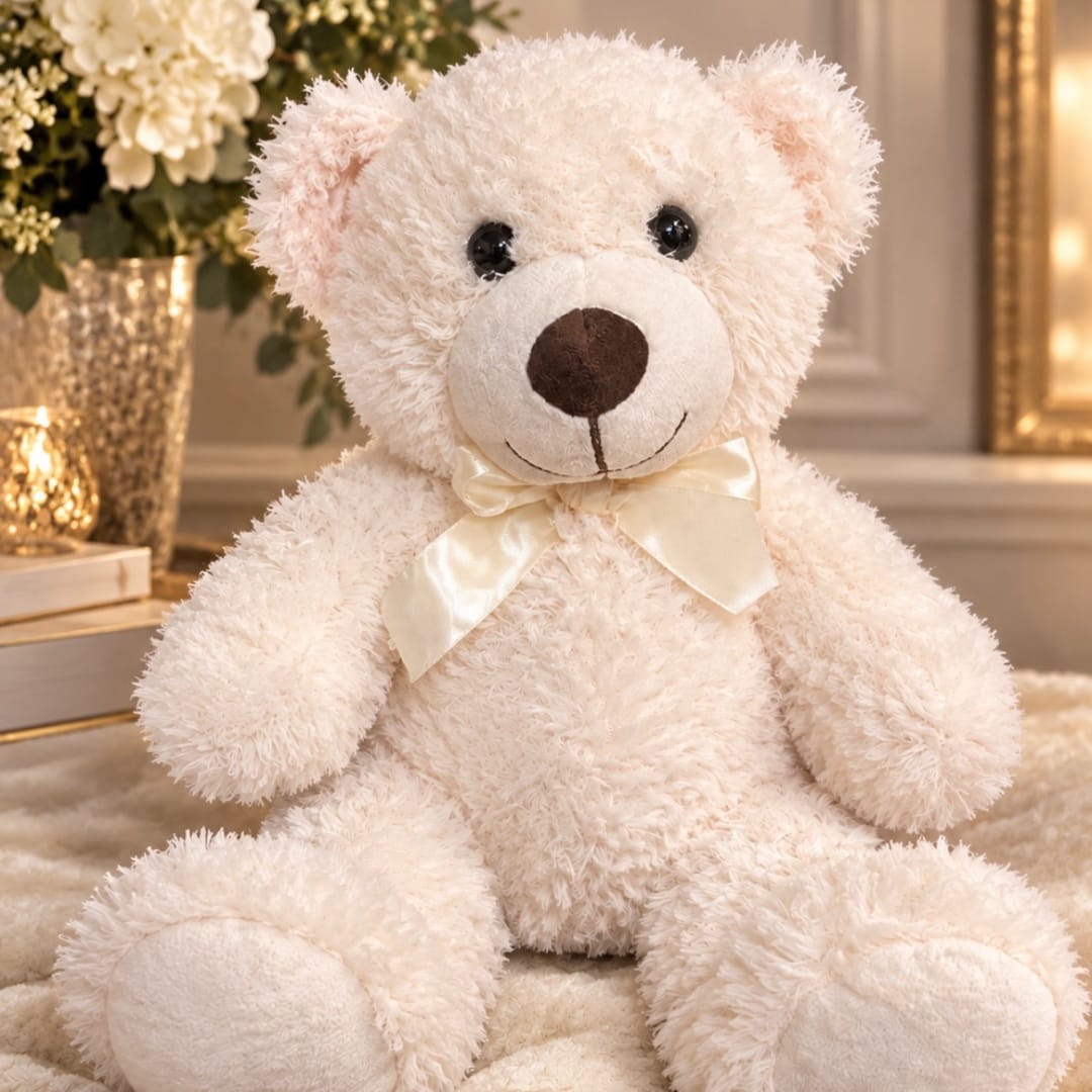 Cream teddy bear with a satin bow sitting in front of flowers