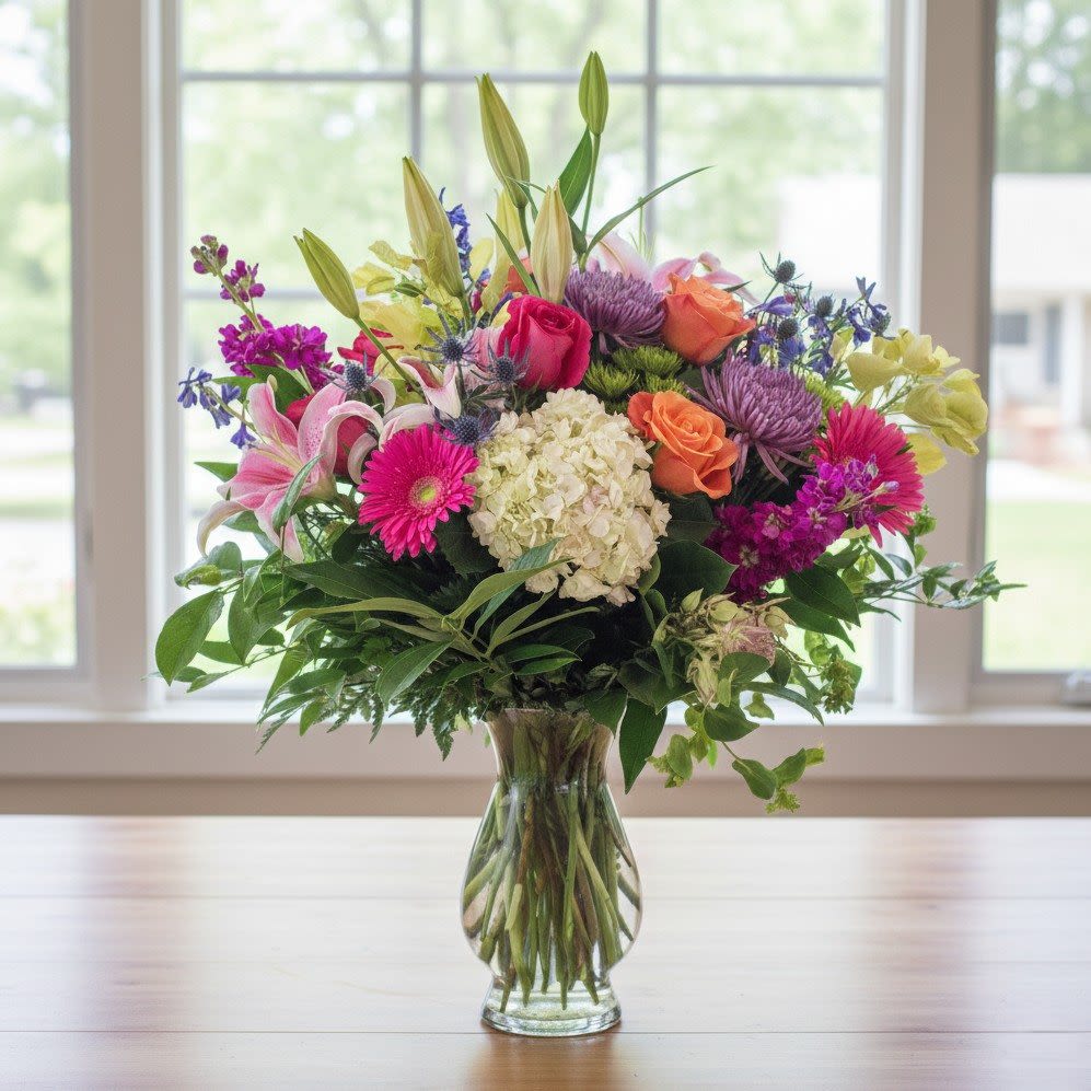 Mixed bouquet of pink lilies, roses, gerbera daisies, and white hydrangea in a clear glass vase