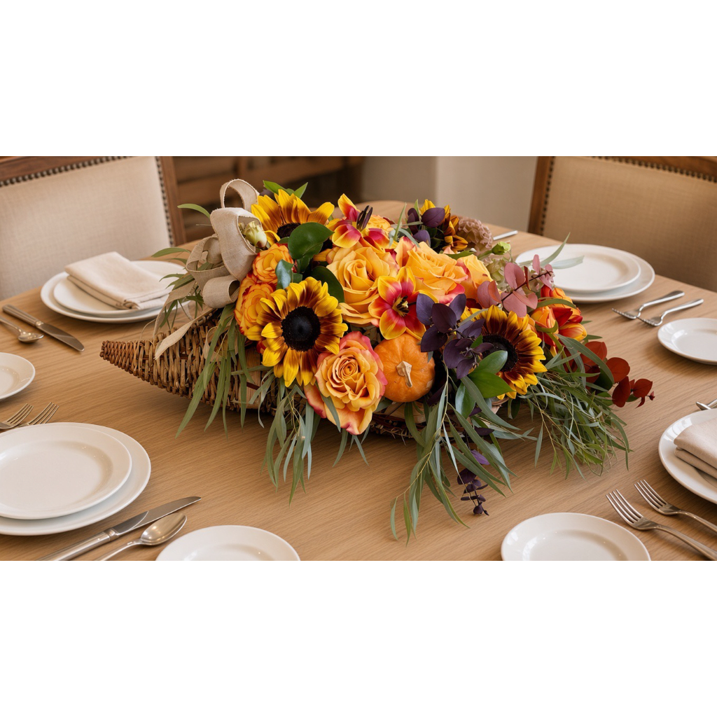 Autumn floral centerpiece with sunflowers, roses, and a small pumpkin in a wicker cornucopia