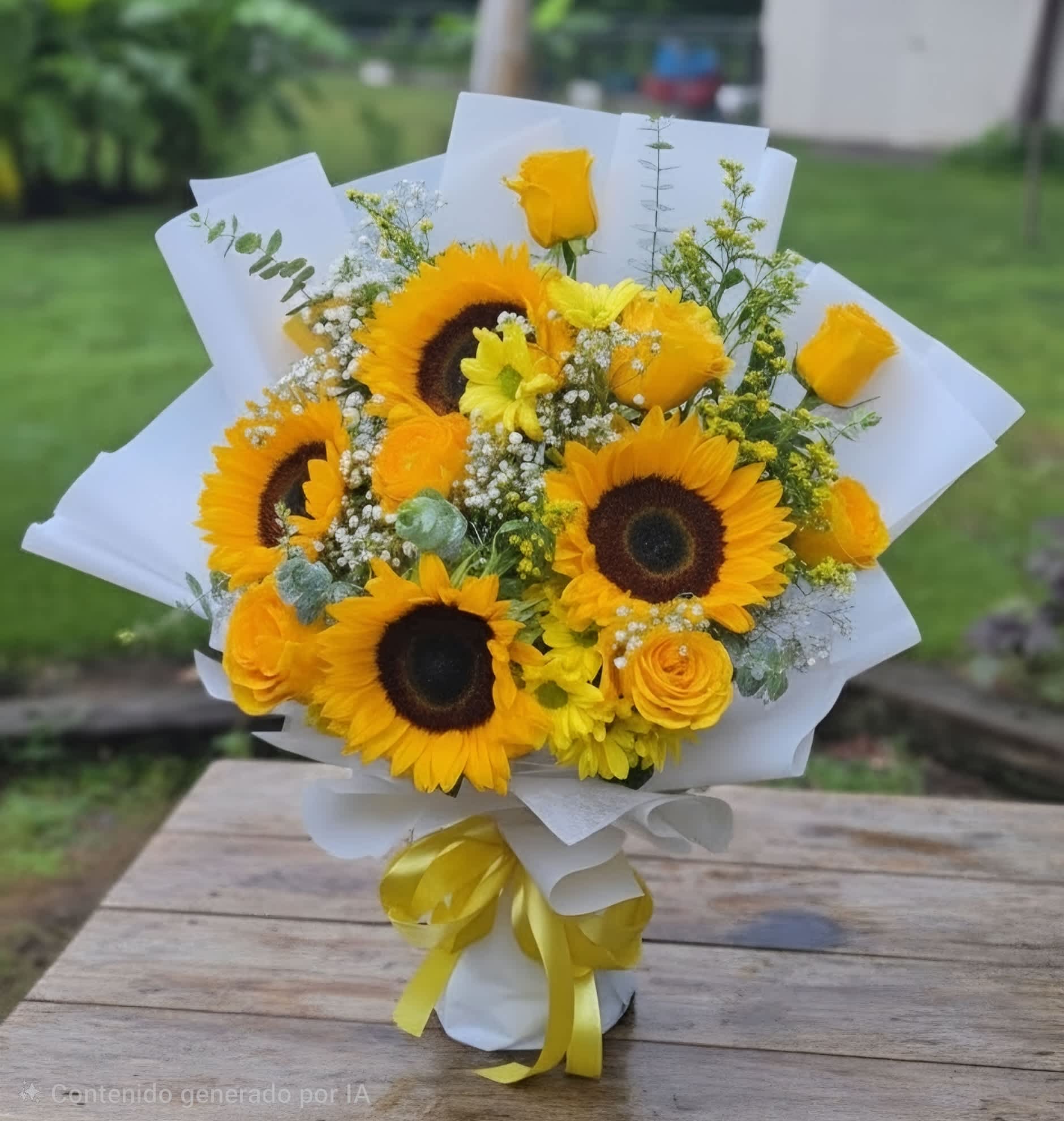 Bouquet of sunflowers and yellow roses wrapped in white paper with a yellow ribbon