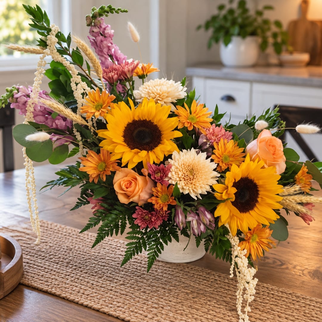 Mixed bouquet with sunflowers, orange roses, and chrysanthemums in a white vase