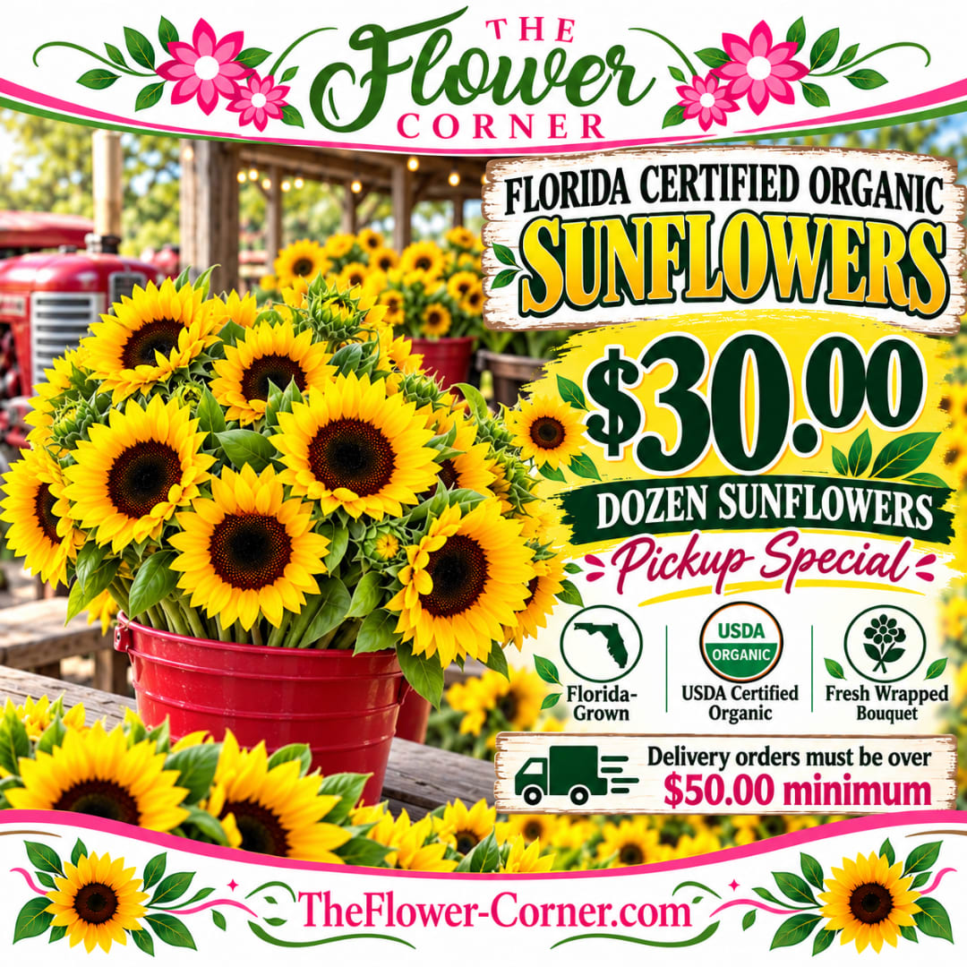 Bucket of sunflowers with a promotional sign and price text