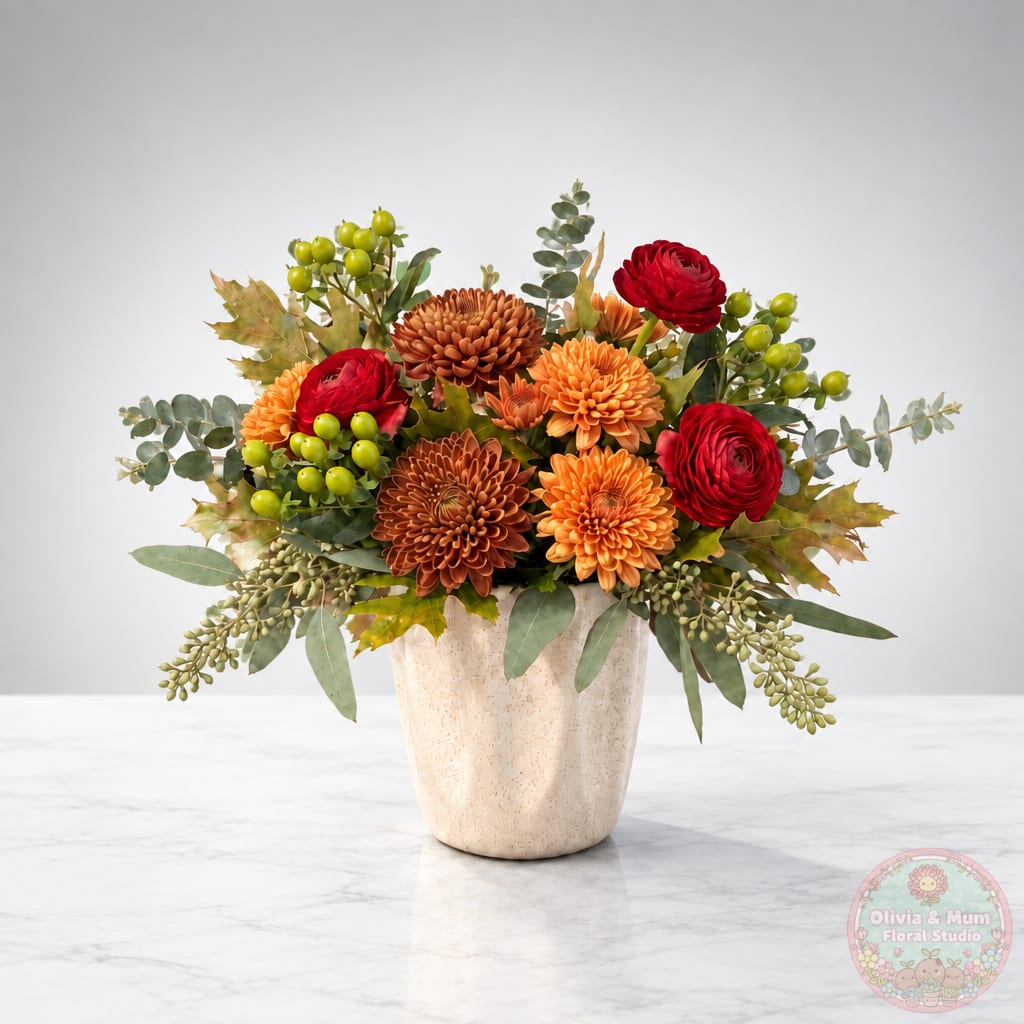 Orange and red flowers arranged in a cream vase