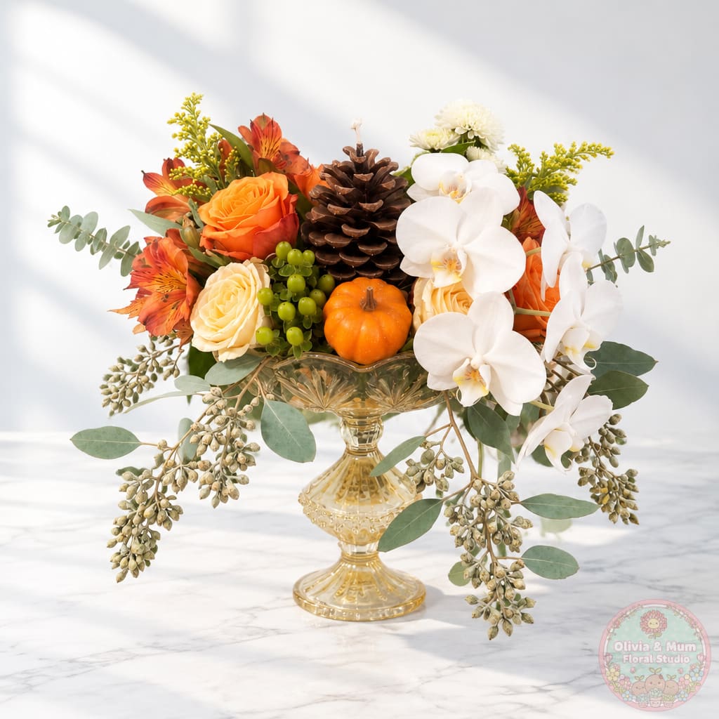 Autumn floral arrangement in a gold pedestal vase with white orchids and orange roses