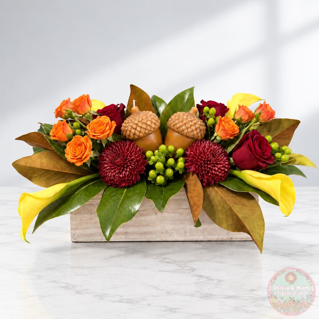 Autumn floral arrangement with roses, calla lilies, and chrysanthemums in a wooden box