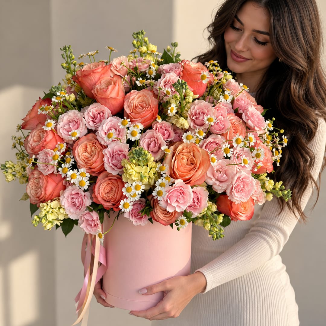 Woman holding a large pink hatbox of peach and pink flowers