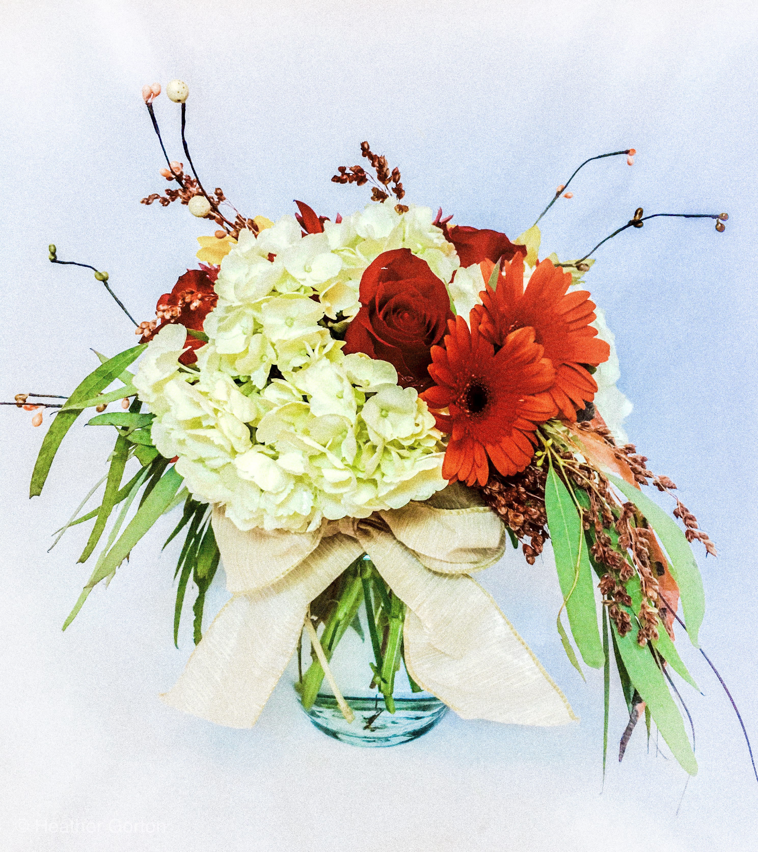 Low glass vase arrangement with white hydrangeas, red roses, and orange gerbera daisies tied with a cream bow.
