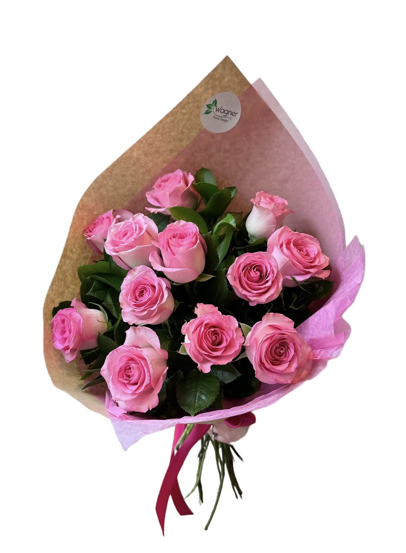 Bouquet of pink roses wrapped in brown and pink paper with a pink ribbon tie
