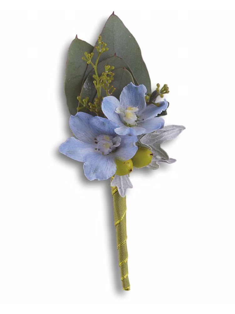 Small boutonniere with blue flowers and green leaves