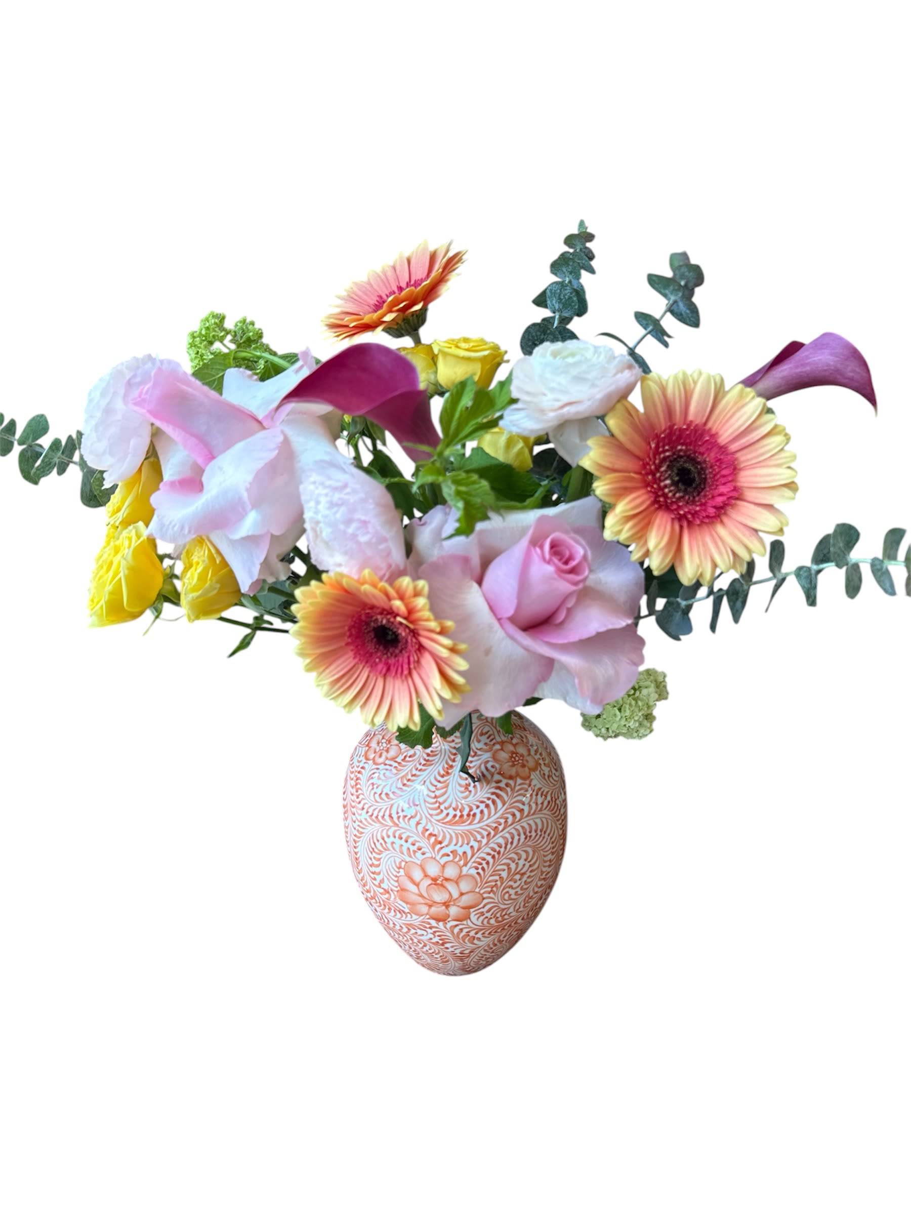 Garden Glow  - Beautiful vase with gerbera daisys, roses, spray rose, ranunculus, calla lily, viburnum and eucalyptus. As shown in photo.