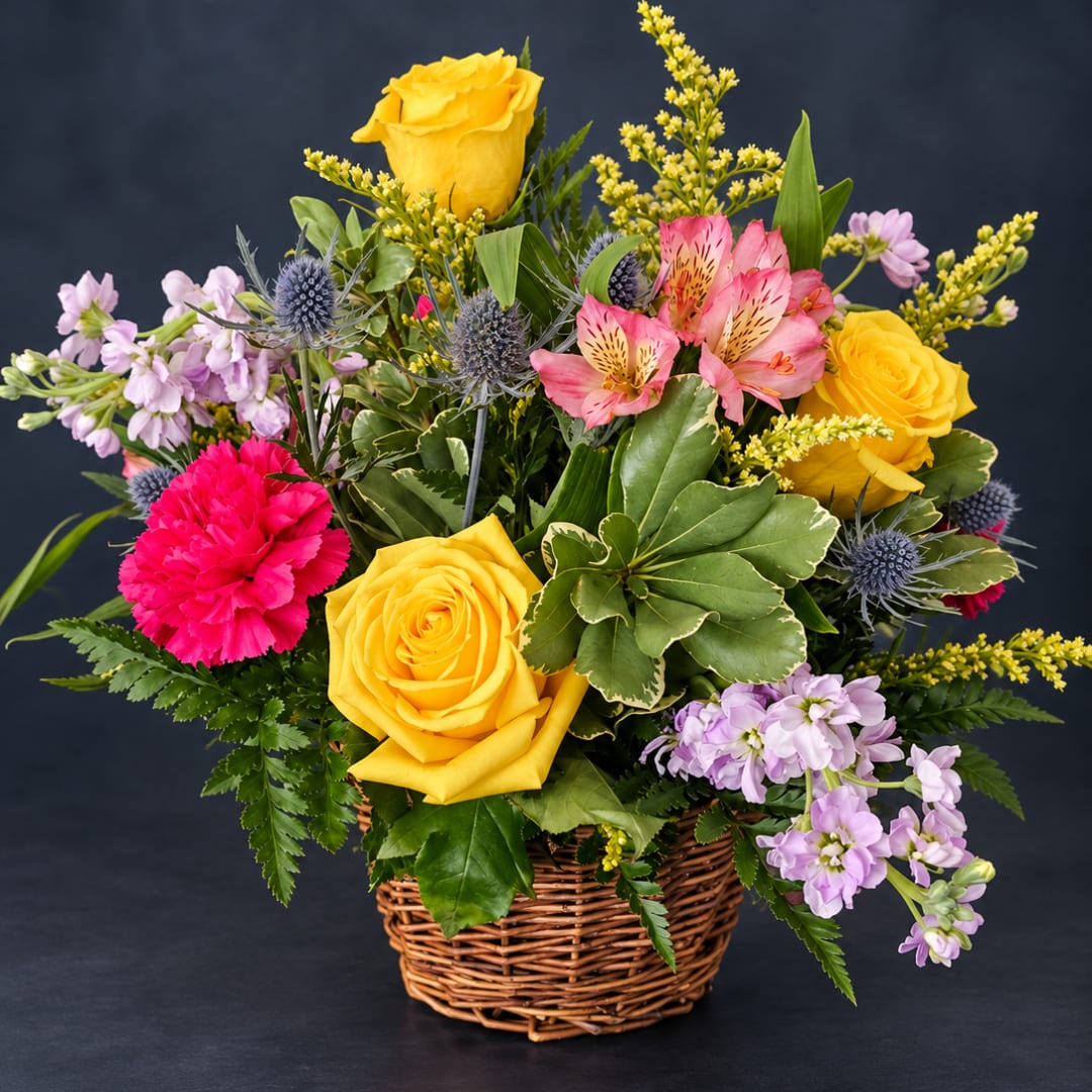 Mixed bouquet of yellow roses, pink carnations, and lavender flowers in a wicker basket
