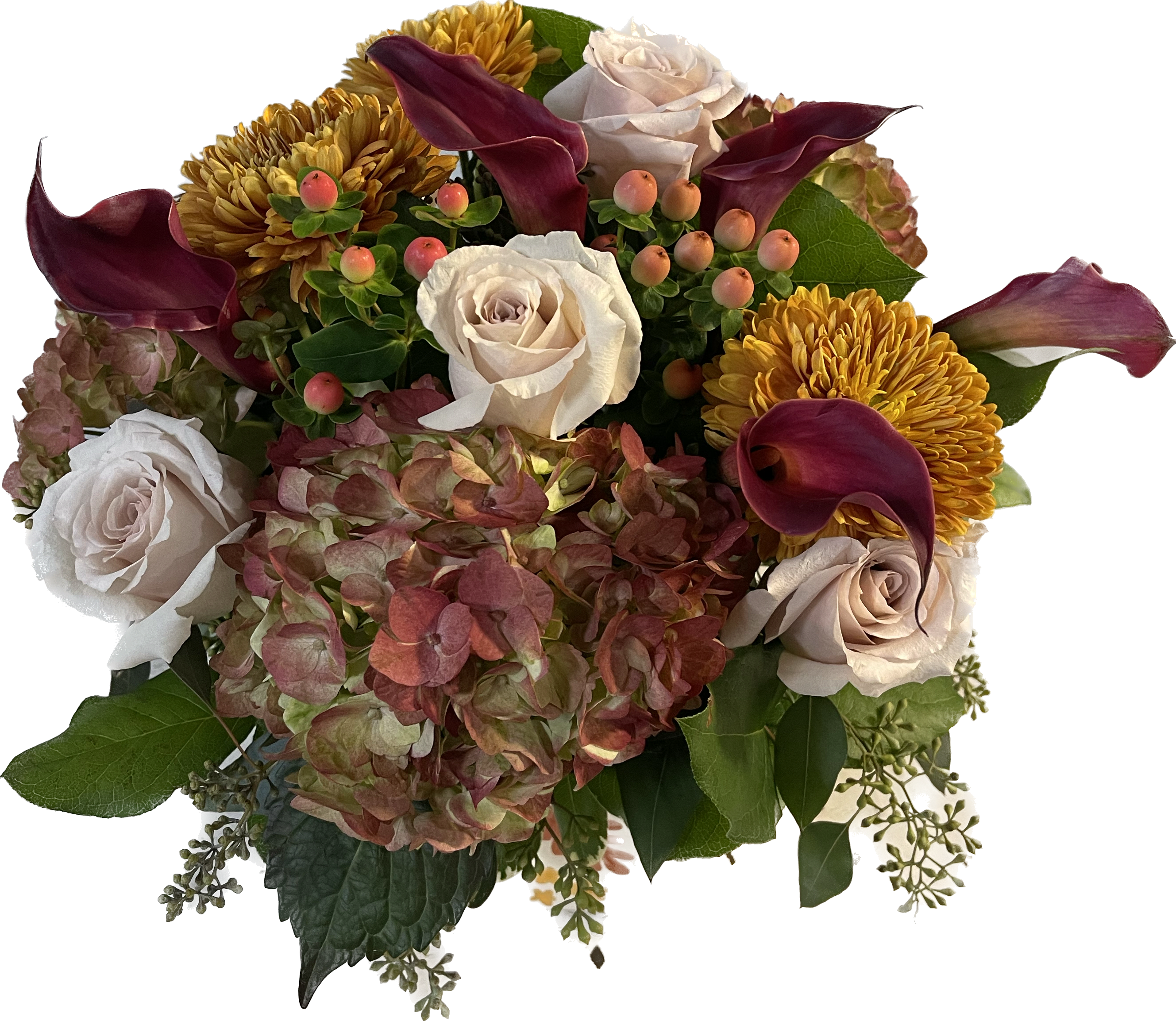 Autumn Cube - Ceramic planter with hydrangea, calla lilies, roses, mums and hypericum berries