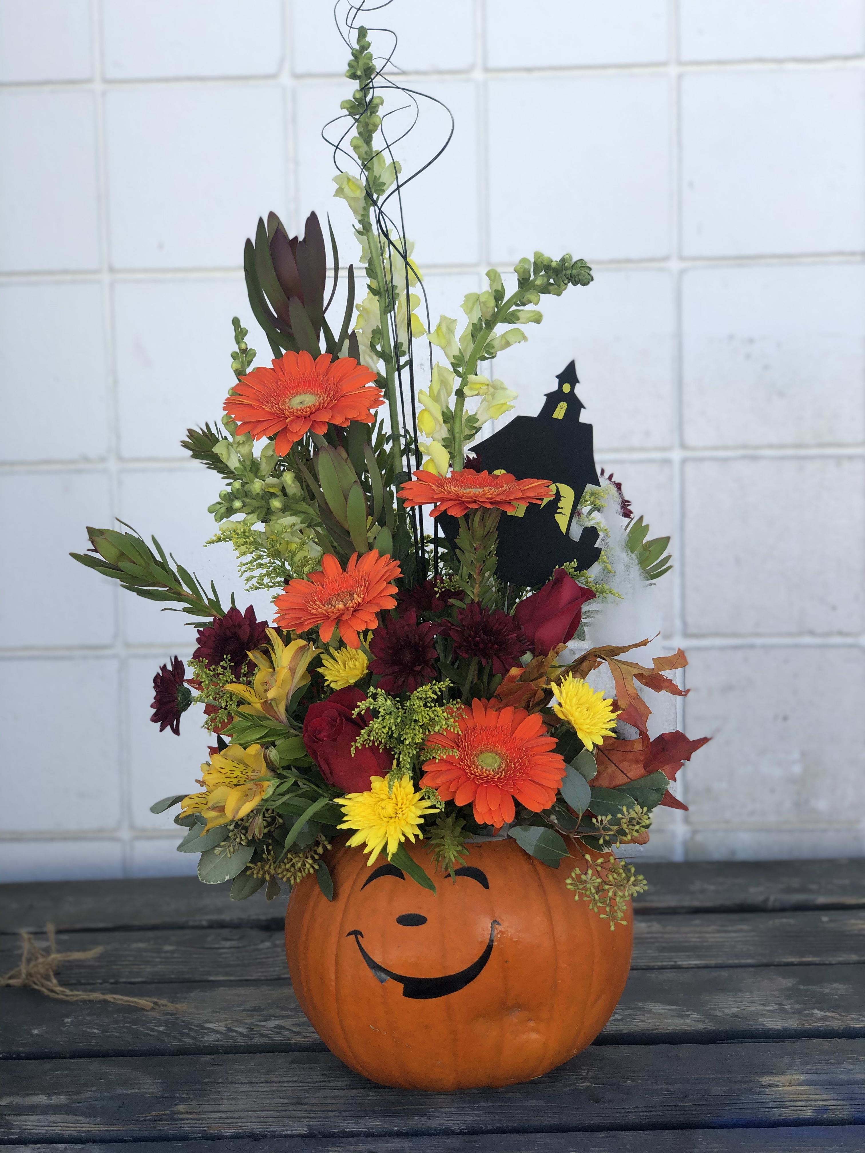Visser's Pumpkins - What other way to celebrate the holidays? We have these festive fresh pumpkins ready for you to choose from, with or without the jack-o-lantern face. With beautiful daisies, snapdragons, mums, alstroemeria &amp; roses accented with a spooky surprise. 