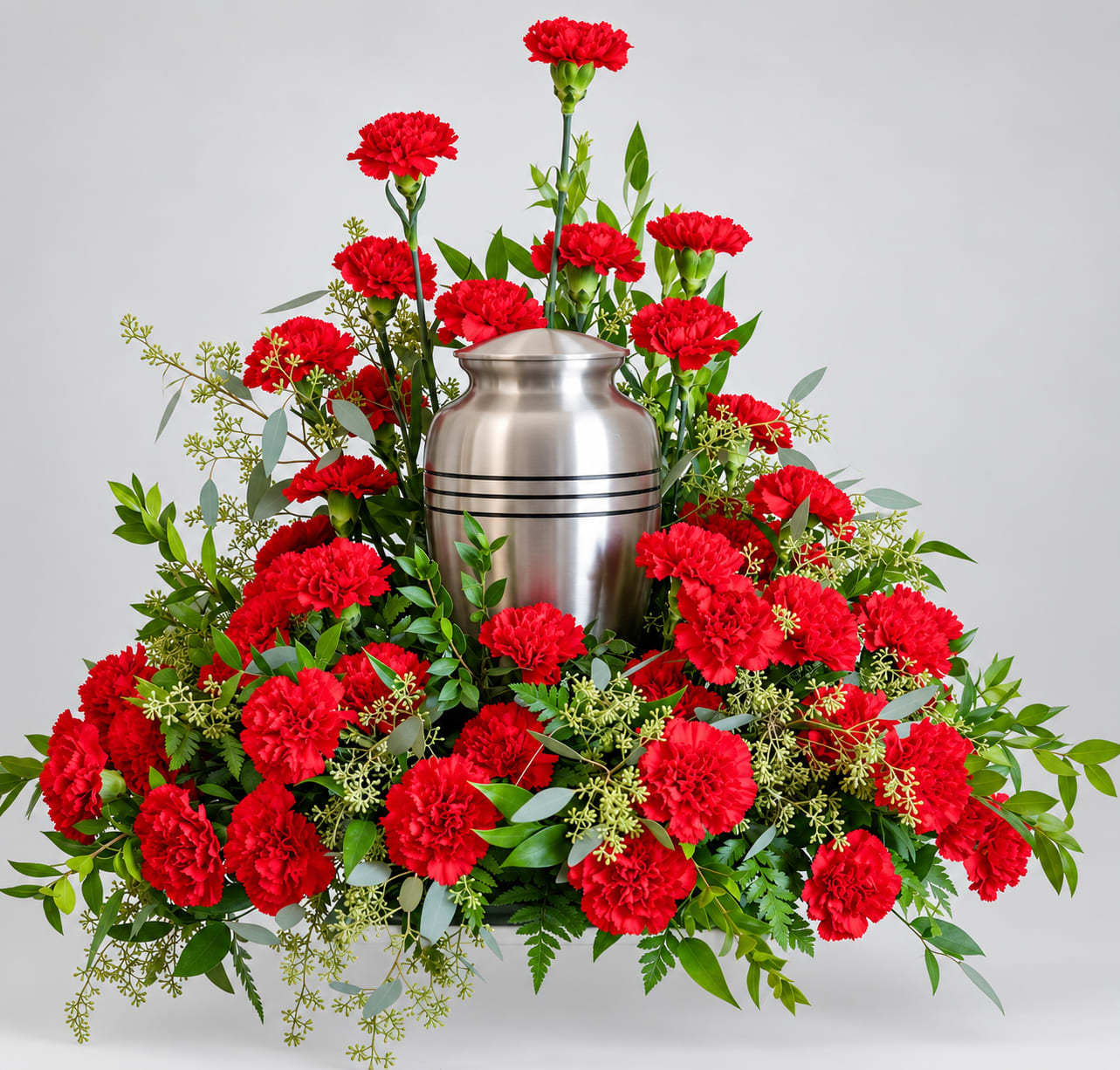 Red carnations arranged around a silver urn
