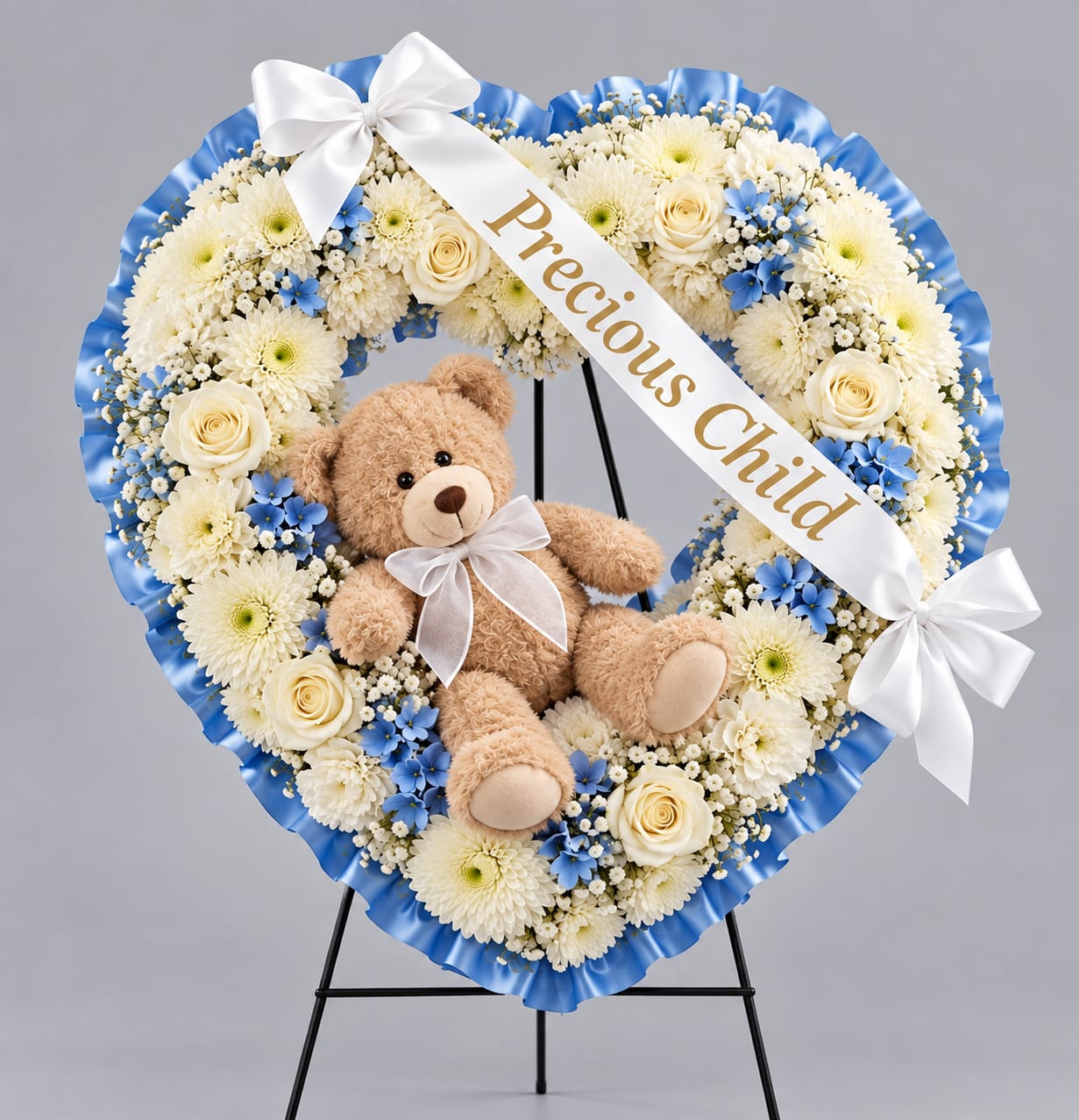 Heart-shaped floral wreath with a teddy bear and ribbon on a stand